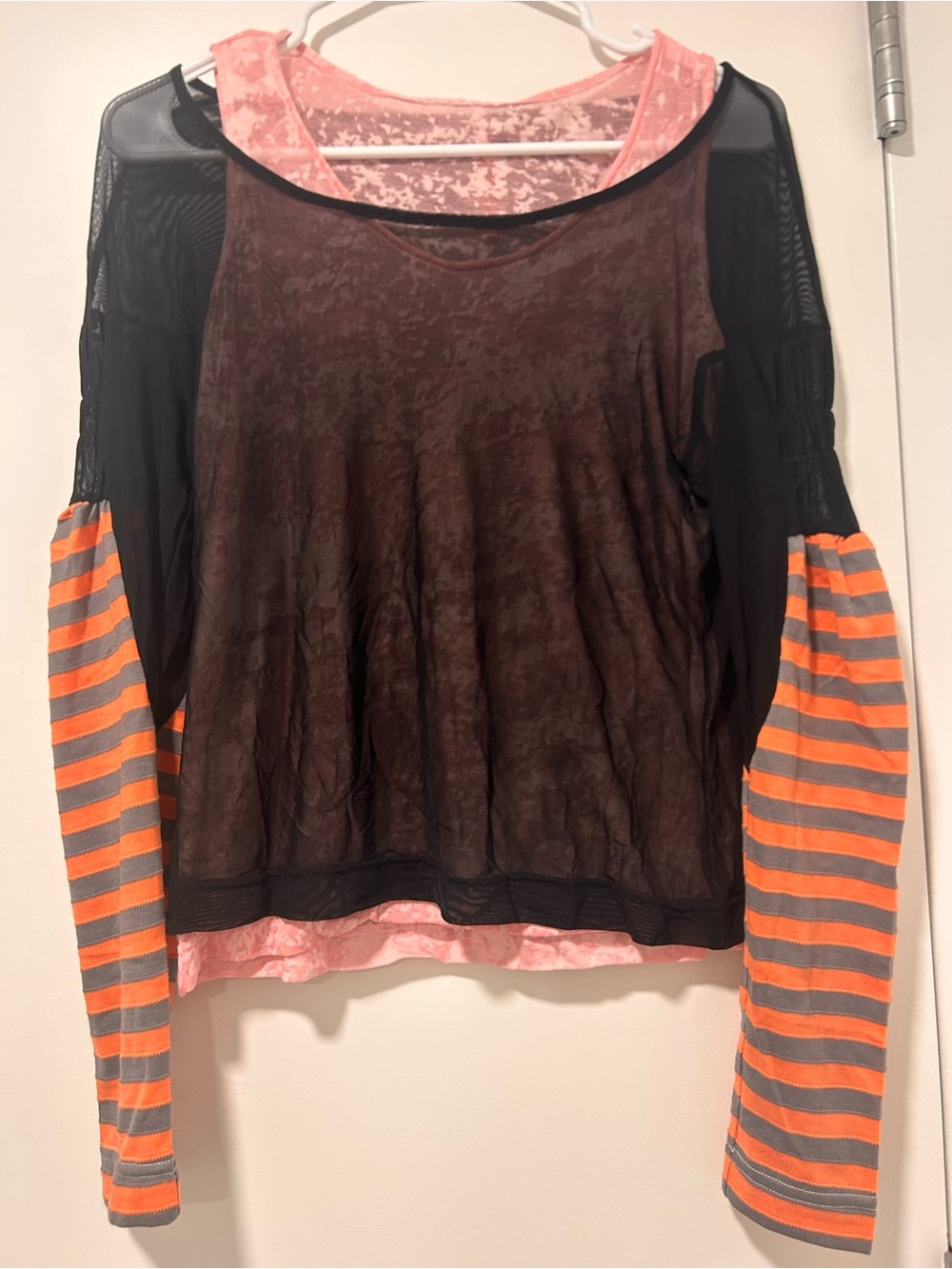 Cop.Copine Two Piece Layered Mesh Long Sleeve Top Pink Black Orange Vintage